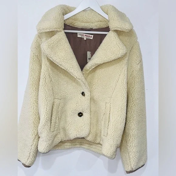 NWT Free People Sherpa Jacket Women’s M Ivory Teddy Coat Oversized & Cozy - Picture 1 of 5